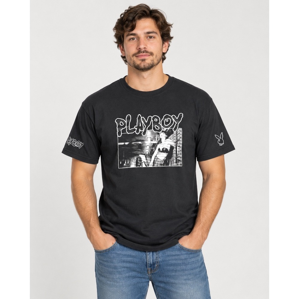 Playboy by PacSun Mens Black Graphic T-Shirt Large Short Sleeve Crewneck Logo